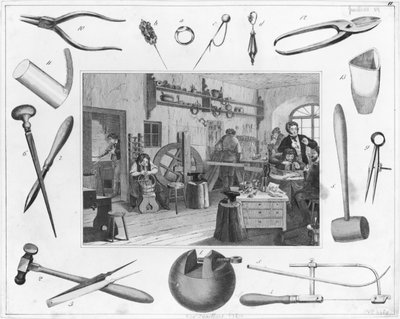 Werkstatt und Hauptwerkzeuge der Schmuckherstellung, 1810 von French School
